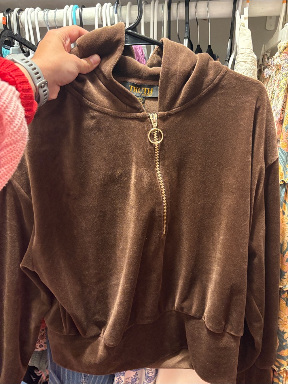 TRUTH Brown Velvet Half-Zip Hoodie with Gold Zipper
